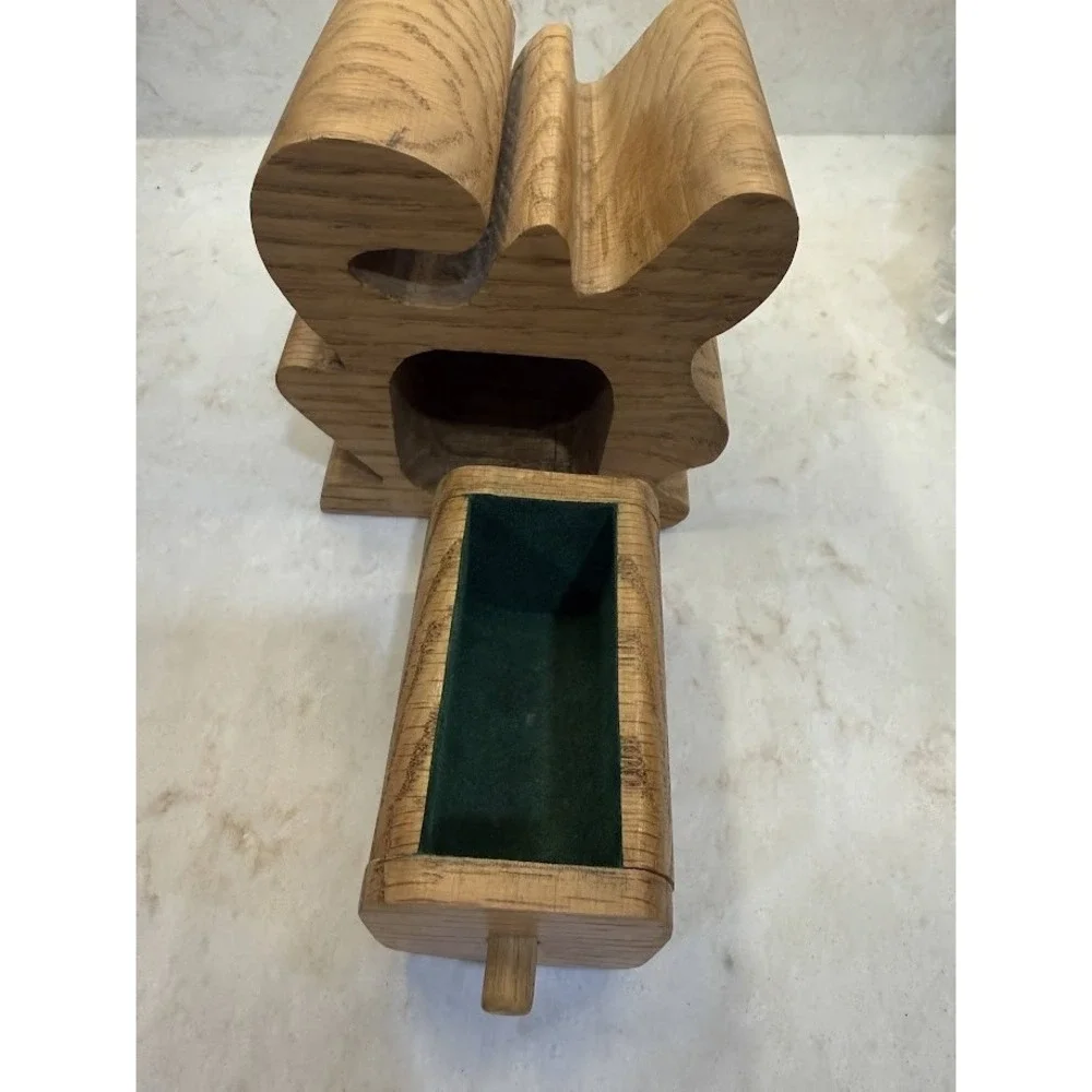 VTG Bandsaw Oak Carved Jewelry Trinket Ring Box Unique Gift Art Deco Style 50s